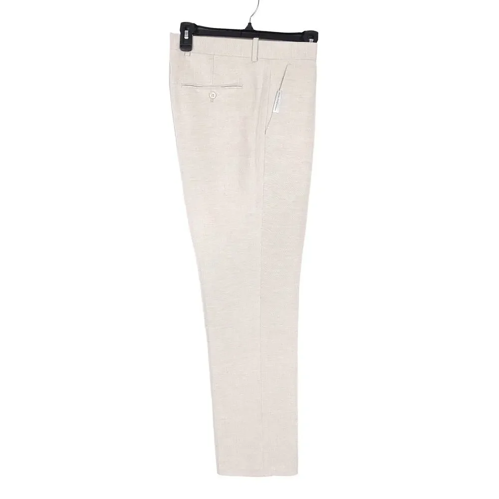 Perry Ellis Portfolio Mens Modern Fit Dress Pants 32x29 Light Tan Linen Cotton